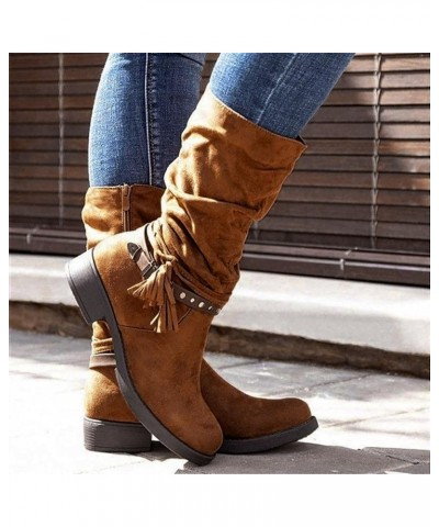 Women's Mid Calf Slouchy Boots Wide Calf Riding Boot Suede High Heel Stacked Chunky Heeled Block Round Toe Booties Womens Met...