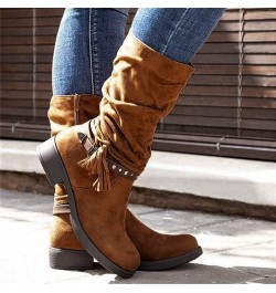 Women's Mid Calf Slouchy Boots Wide Calf Riding Boot Suede High Heel Stacked Chunky Heeled Block Round Toe Booties Womens Met...