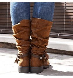 Women's Mid Calf Slouchy Boots Wide Calf Riding Boot Suede High Heel Stacked Chunky Heeled Block Round Toe Booties Womens Met...