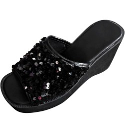 Non Slip Arch Support Sandals for Women Ladies Fashion Summer Solid Color Sequin Platform Open Toe Wedge Platform Sandals (Bl...