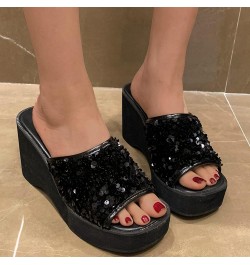 Non Slip Arch Support Sandals for Women Ladies Fashion Summer Solid Color Sequin Platform Open Toe Wedge Platform Sandals (Bl...