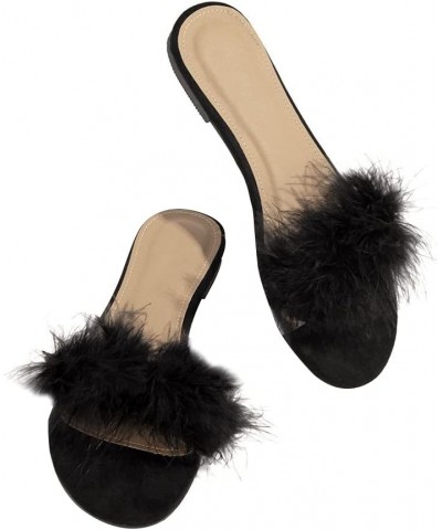 Open Toe Fur Sandals for Women Summer Feather Flat Slippers One Band Slip On Sandals Black $14.29 Sandals