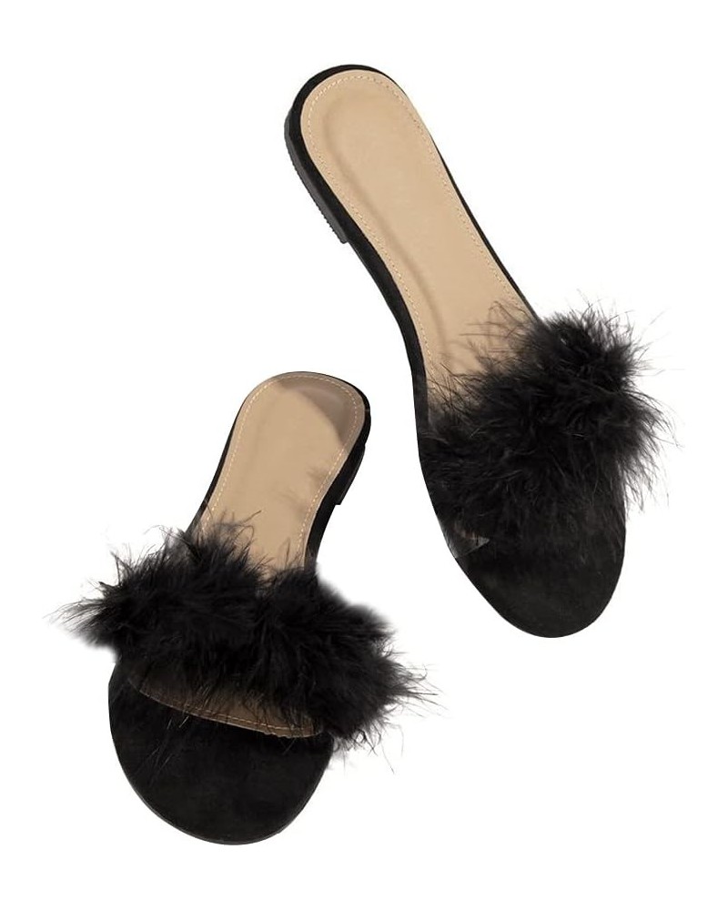 Open Toe Fur Sandals for Women Summer Feather Flat Slippers One Band Slip On Sandals Black $14.29 Sandals