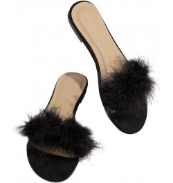 Open Toe Fur Sandals for Women Summer Feather Flat Slippers One Band Slip On Sandals Black $14.29 Sandals