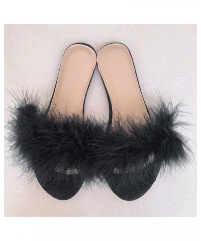 Open Toe Fur Sandals for Women Summer Feather Flat Slippers One Band Slip On Sandals Black $14.29 Sandals