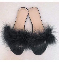 Open Toe Fur Sandals for Women Summer Feather Flat Slippers One Band Slip On Sandals Black $14.29 Sandals