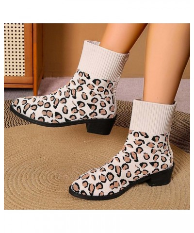 Ankle Boots for Women, Women's Comfortable Leopard Print Elastic Low Heel Winter Snow Boots Elastic Cocktail Boots Khaki $19....