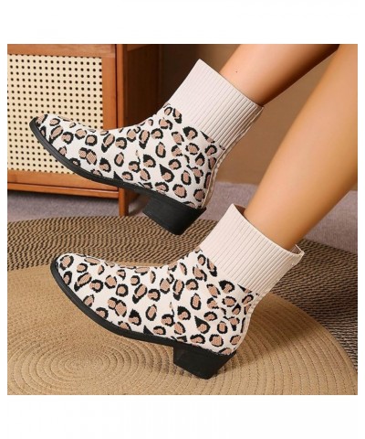 Ankle Boots for Women, Women's Comfortable Leopard Print Elastic Low Heel Winter Snow Boots Elastic Cocktail Boots Khaki $19....