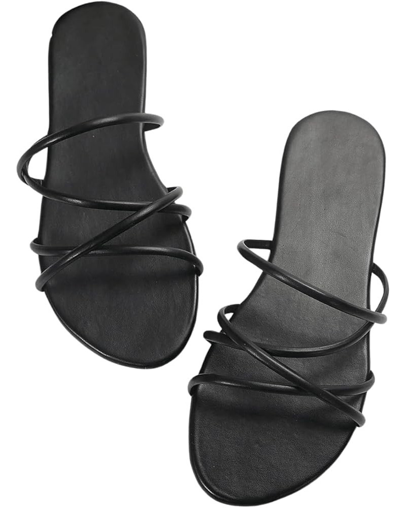 PU Leather Flat Slip on Sandals Cross Strap Open Toe Summer Slide Sandals Plain Black $10.56 Sandals