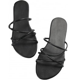 PU Leather Flat Slip on Sandals Cross Strap Open Toe Summer Slide Sandals Plain Black $10.56 Sandals