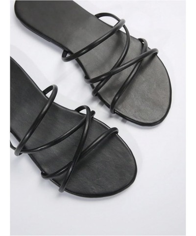 PU Leather Flat Slip on Sandals Cross Strap Open Toe Summer Slide Sandals Plain Black $10.56 Sandals