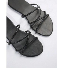 PU Leather Flat Slip on Sandals Cross Strap Open Toe Summer Slide Sandals Plain Black $10.56 Sandals