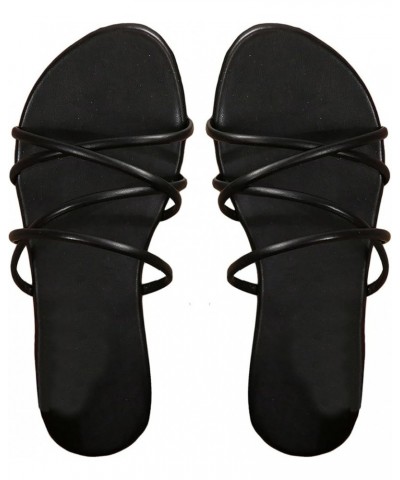 PU Leather Flat Slip on Sandals Cross Strap Open Toe Summer Slide Sandals Plain Black $10.56 Sandals