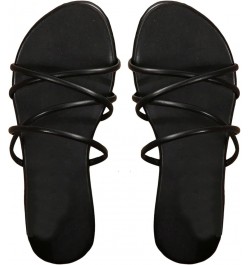 PU Leather Flat Slip on Sandals Cross Strap Open Toe Summer Slide Sandals Plain Black $10.56 Sandals