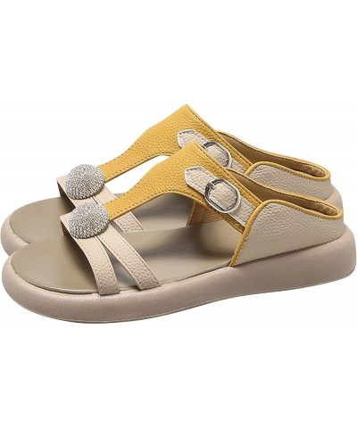 Sandals Women T-Strap Soft Slip On Platform Rhinestone Stylish Dressy Beach Flat Slide Open Toe Sandals Casual Summer Yellow ...