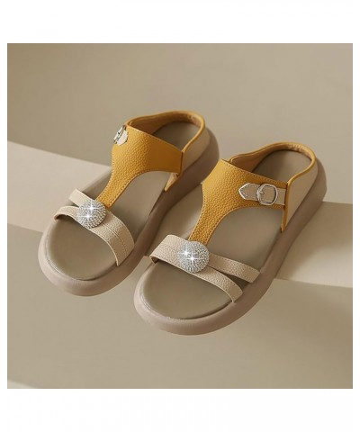 Sandals Women T-Strap Soft Slip On Platform Rhinestone Stylish Dressy Beach Flat Slide Open Toe Sandals Casual Summer Yellow ...