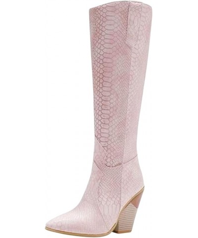 Womens Cowboy Boots Comfortable Pull On Zipper Chunky Heel Pointed Toe Riding Western Cowgirl Knee High Boots A-pink $35.87 B...