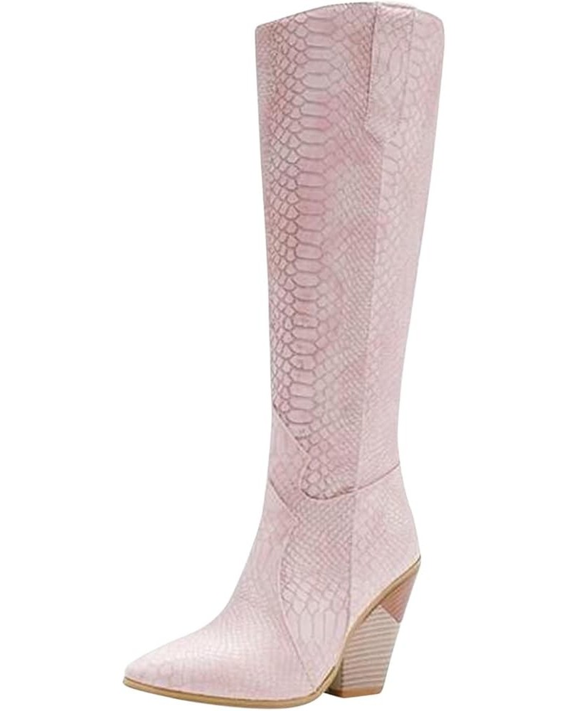 Womens Cowboy Boots Comfortable Pull On Zipper Chunky Heel Pointed Toe Riding Western Cowgirl Knee High Boots A-pink $35.87 B...