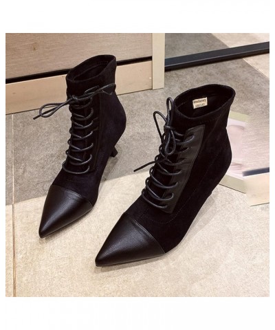 Woman Sexy High Stiletto Kitten Heels Pointed-Toe Lace up Mid Shaft Calf Boot Ladies Suede Riding Booties Shoes for Dating Bl...