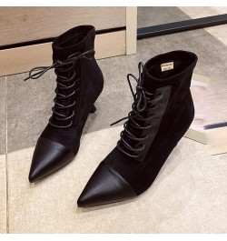 Woman Sexy High Stiletto Kitten Heels Pointed-Toe Lace up Mid Shaft Calf Boot Ladies Suede Riding Booties Shoes for Dating Bl...