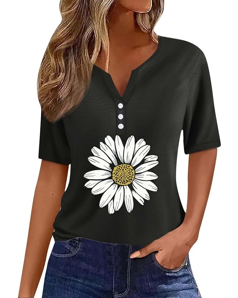 Women's Fashion Casual V Neck Short Sleeve T Shirt with Sunflower Print for Spring/Summer T Shirt Women Summer Black $9.30 Fa...