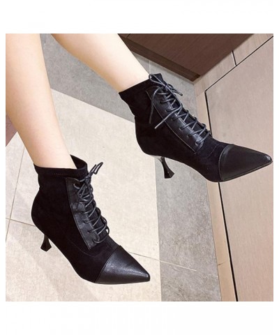 Woman Sexy High Stiletto Kitten Heels Pointed-Toe Lace up Mid Shaft Calf Boot Ladies Suede Riding Booties Shoes for Dating Bl...