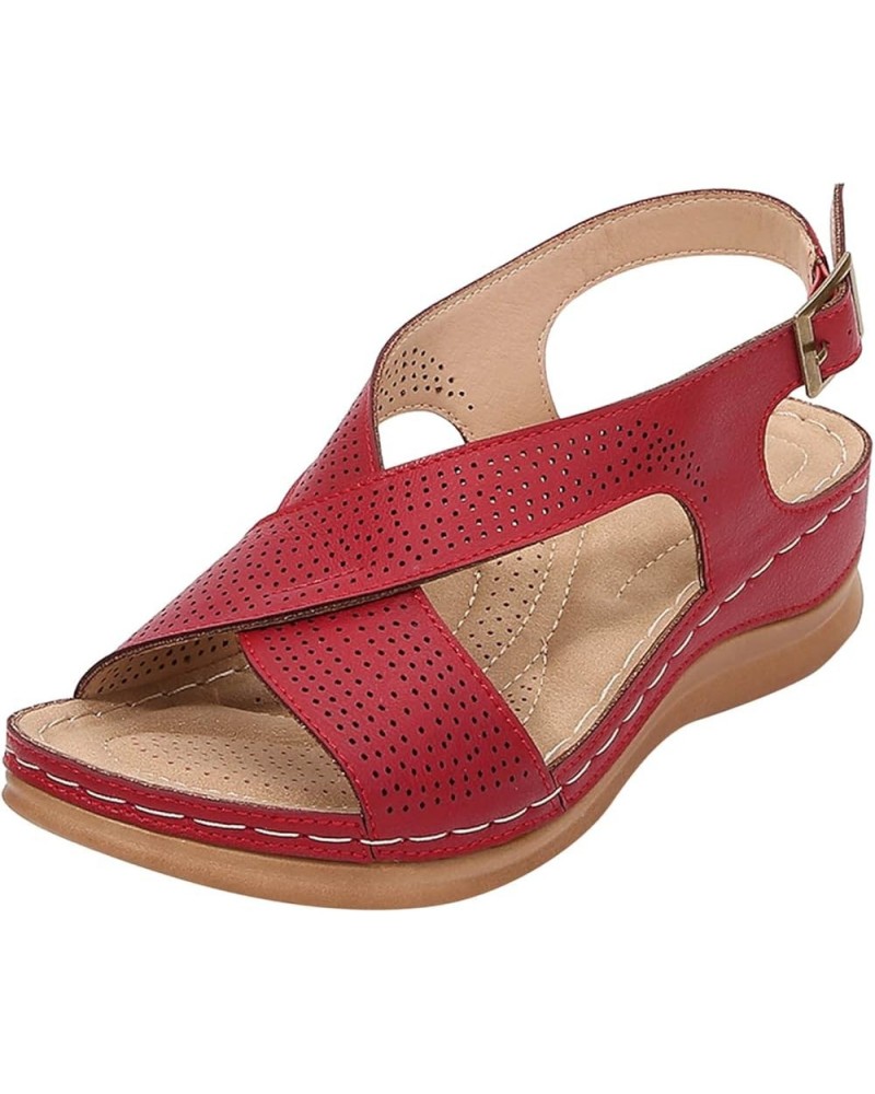 Sandals Women Comfortable Dressy Wedge Summer Bohemian Vintage Style Slope Heel Sandals Buckle Casual Shoes Red $13.65 Outdoo...