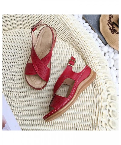 Sandals Women Comfortable Dressy Wedge Summer Bohemian Vintage Style Slope Heel Sandals Buckle Casual Shoes Red $13.65 Outdoo...