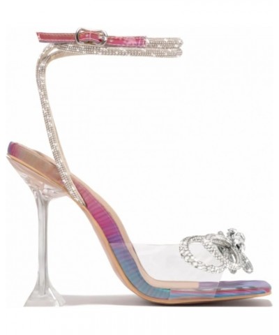 Open Toe Bow Heels for Women Transparent Chunky Heel Ankle Strap with Rhinestone Colorful $30.99 Sandals