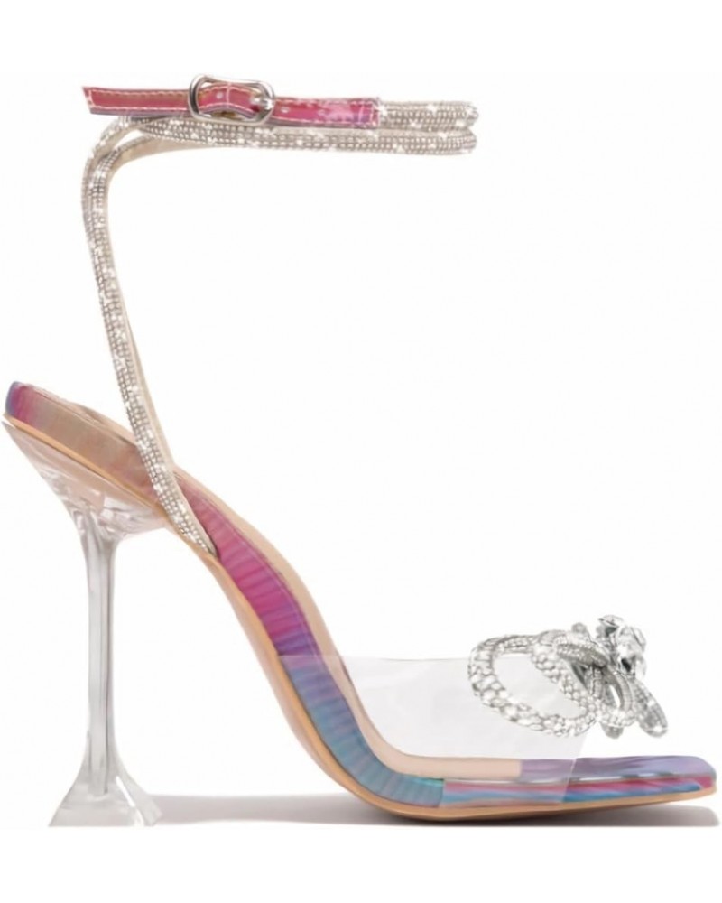 Open Toe Bow Heels for Women Transparent Chunky Heel Ankle Strap with Rhinestone Colorful $30.99 Sandals