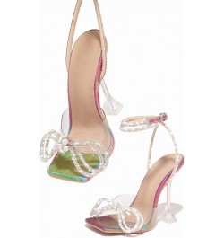 Open Toe Bow Heels for Women Transparent Chunky Heel Ankle Strap with Rhinestone Colorful $30.99 Sandals