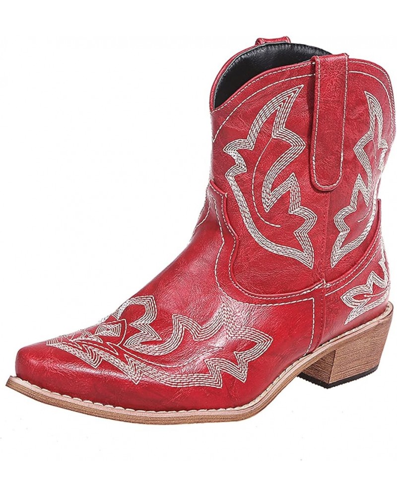 Hiking Boots Women Embroidered Stitched Square Heels Slip-On Short Booties Women's Ankle Boots & Booties Red 8 $11.89 Boots