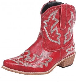 Hiking Boots Women Embroidered Stitched Square Heels Slip-On Short Booties Women's Ankle Boots & Booties Red 8 $11.89 Boots