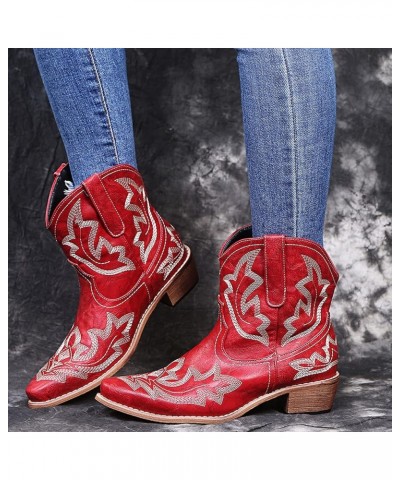 Hiking Boots Women Embroidered Stitched Square Heels Slip-On Short Booties Women's Ankle Boots & Booties Red 8 $11.89 Boots