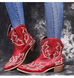 Hiking Boots Women Embroidered Stitched Square Heels Slip-On Short Booties Women's Ankle Boots & Booties Red 8 $11.89 Boots