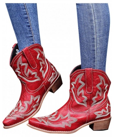 Hiking Boots Women Embroidered Stitched Square Heels Slip-On Short Booties Women's Ankle Boots & Booties Red 8 $11.89 Boots