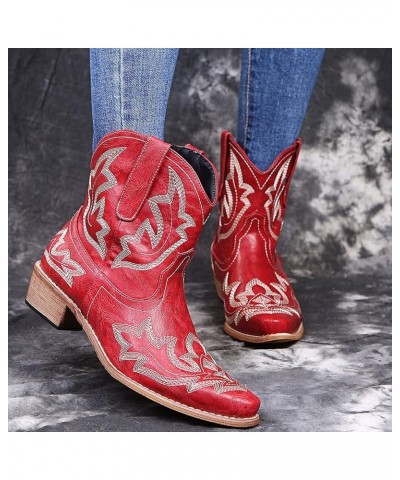 Hiking Boots Women Embroidered Stitched Square Heels Slip-On Short Booties Women's Ankle Boots & Booties Red 8 $11.89 Boots