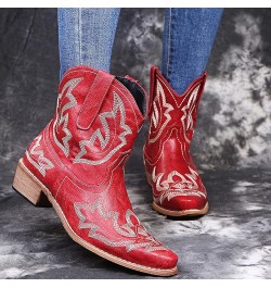 Hiking Boots Women Embroidered Stitched Square Heels Slip-On Short Booties Women's Ankle Boots & Booties Red 8 $11.89 Boots