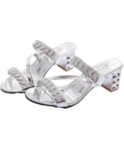 Women's Heeled Sandal Open Toe Rhinestone Ankle Strap Chunky Heeled Sandal Slip-On Ladies Dress Mules Sandal Silver $25.38 Sa...