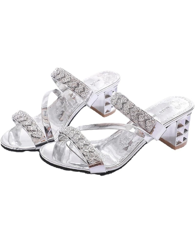 Women's Heeled Sandal Open Toe Rhinestone Ankle Strap Chunky Heeled Sandal Slip-On Ladies Dress Mules Sandal Silver $25.38 Sa...