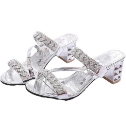 Women's Heeled Sandal Open Toe Rhinestone Ankle Strap Chunky Heeled Sandal Slip-On Ladies Dress Mules Sandal Silver $25.38 Sa...