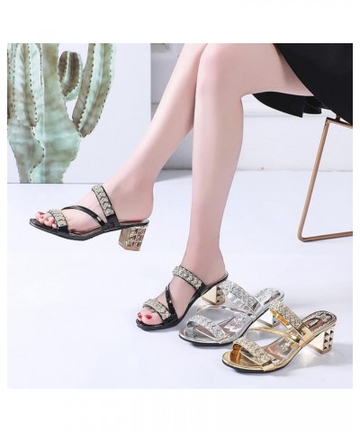 Women's Heeled Sandal Open Toe Rhinestone Ankle Strap Chunky Heeled Sandal Slip-On Ladies Dress Mules Sandal Silver $25.38 Sa...