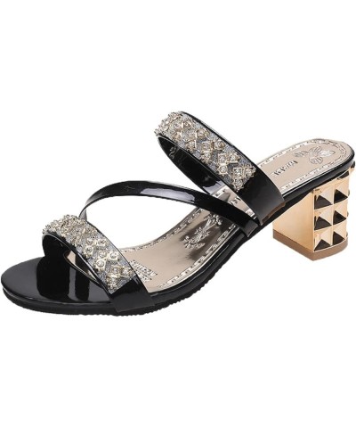 Women's Heeled Sandal Open Toe Rhinestone Ankle Strap Chunky Heeled Sandal Slip-On Ladies Dress Mules Sandal Silver $25.38 Sa...