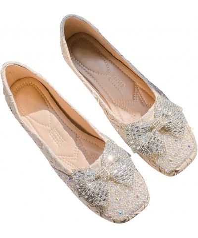 Flats For Women Comfortable Square Toe Bowknot Ballet Flats Slip On Casual Flats Shiny Rhinestone Wedding Flats B Apricot $11...