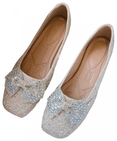 Flats For Women Comfortable Square Toe Bowknot Ballet Flats Slip On Casual Flats Shiny Rhinestone Wedding Flats B Apricot $11...