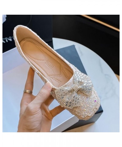 Flats For Women Comfortable Square Toe Bowknot Ballet Flats Slip On Casual Flats Shiny Rhinestone Wedding Flats B Apricot $11...