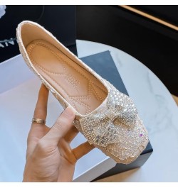 Flats For Women Comfortable Square Toe Bowknot Ballet Flats Slip On Casual Flats Shiny Rhinestone Wedding Flats B Apricot $11...