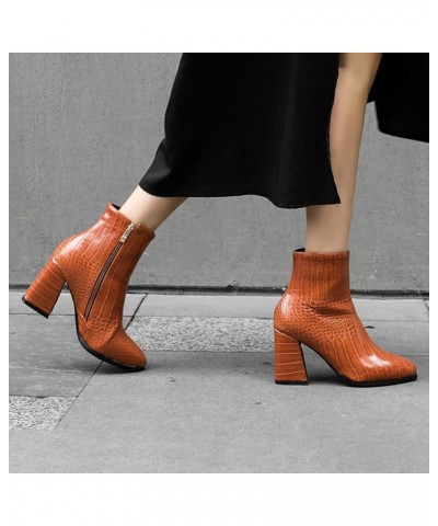 Women's Chunky High Heel Ankle Booties Block Heeled Pointed Toe Side Zipper Short Boots Shoes Orange $22.80 Boots