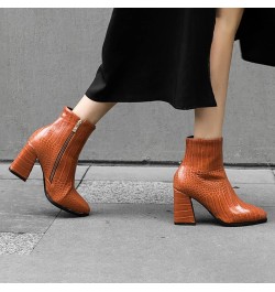 Women's Chunky High Heel Ankle Booties Block Heeled Pointed Toe Side Zipper Short Boots Shoes Orange $22.80 Boots