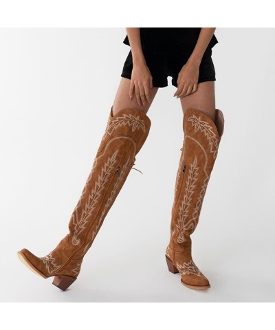 Embroidered Cowboy Boots for Women Lace up Thigh High Boots Wide Calf Over The Knee Boots Side Zip Western Cowgirl Boots Brow...